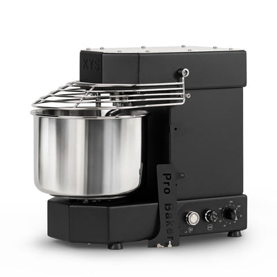 KYS Pro Baker 7 Plus black spiral mixer with stainless steel bowl – front view